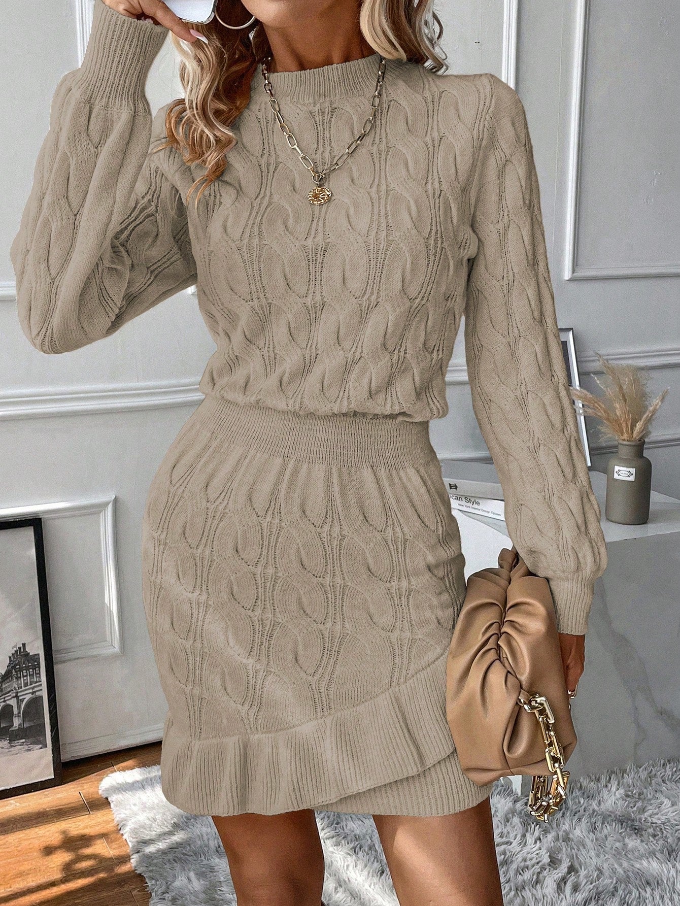 Vacation Mode Cable Knit Lantern Sleeve Ruffle Hem Sweater Dress