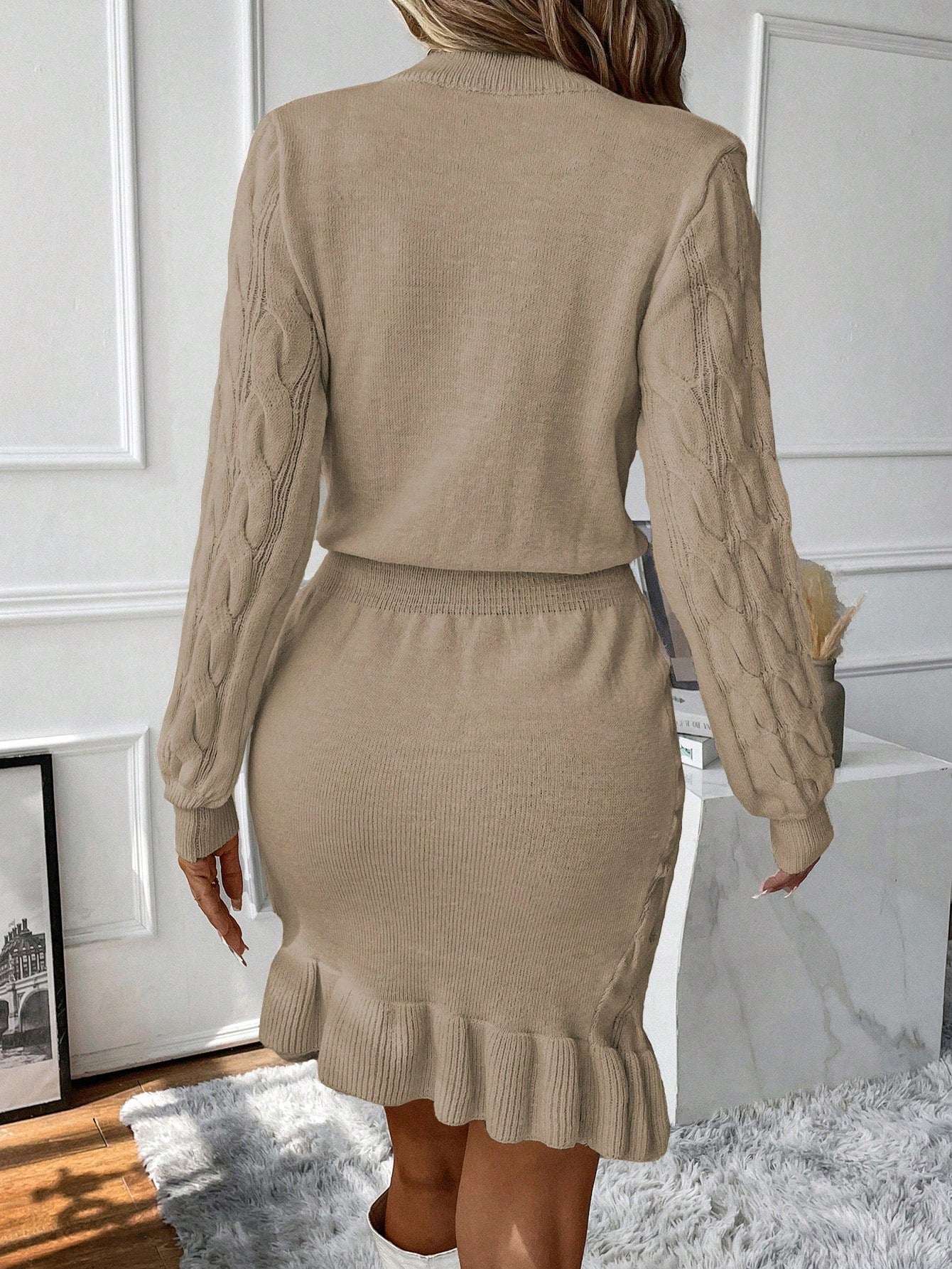 Vacation Mode Cable Knit Lantern Sleeve Ruffle Hem Sweater Dress