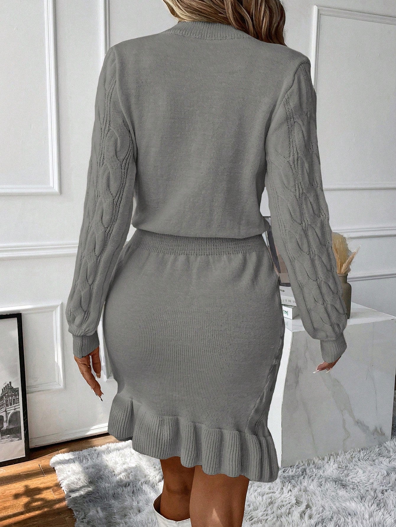 Vacation Mode Cable Knit Lantern Sleeve Ruffle Hem Sweater Dress