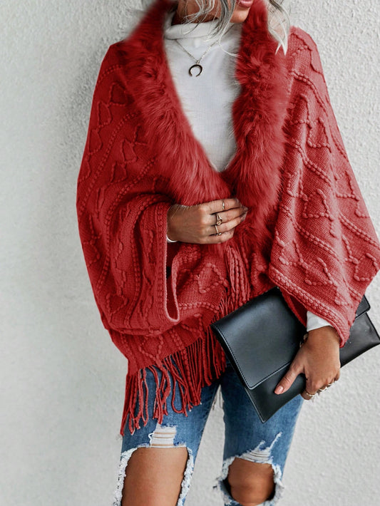 Fringe & Fuzzy Trim Knit Cardigan