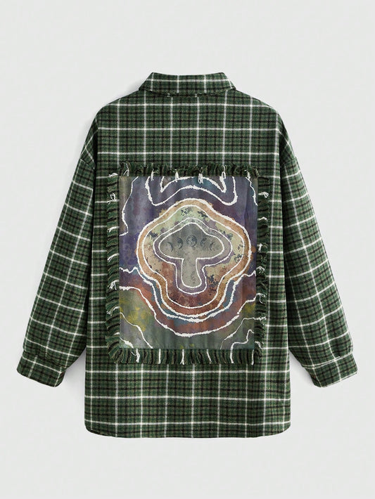 Fairycore Plaid & Mushroom Graphic Drop Shoulder Patched Pocket Coat