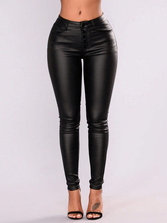 Button Fly Thermal Lined PU Leather Skinny Cropped Pants