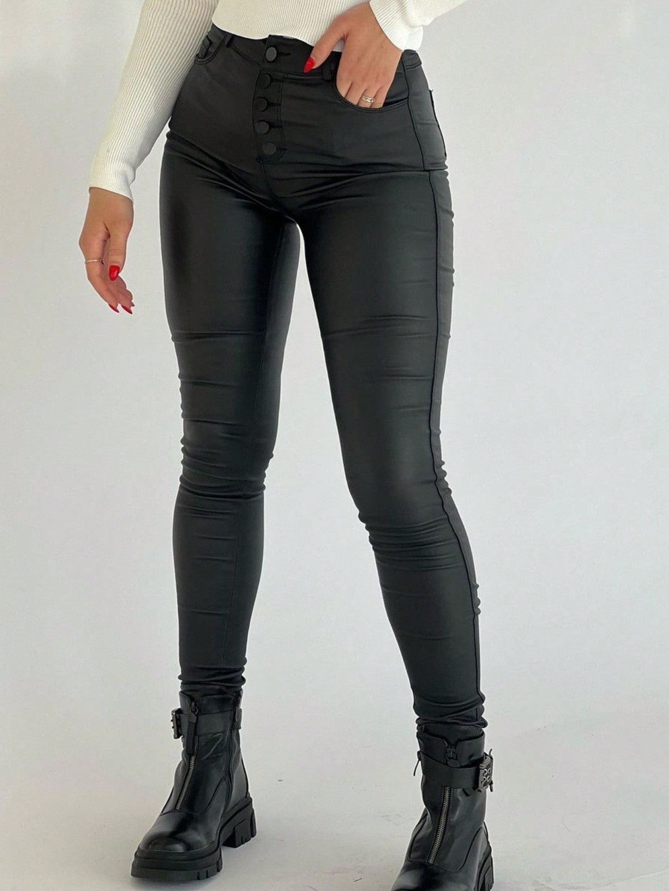 Button Fly Thermal Lined PU Leather Skinny Cropped Pants