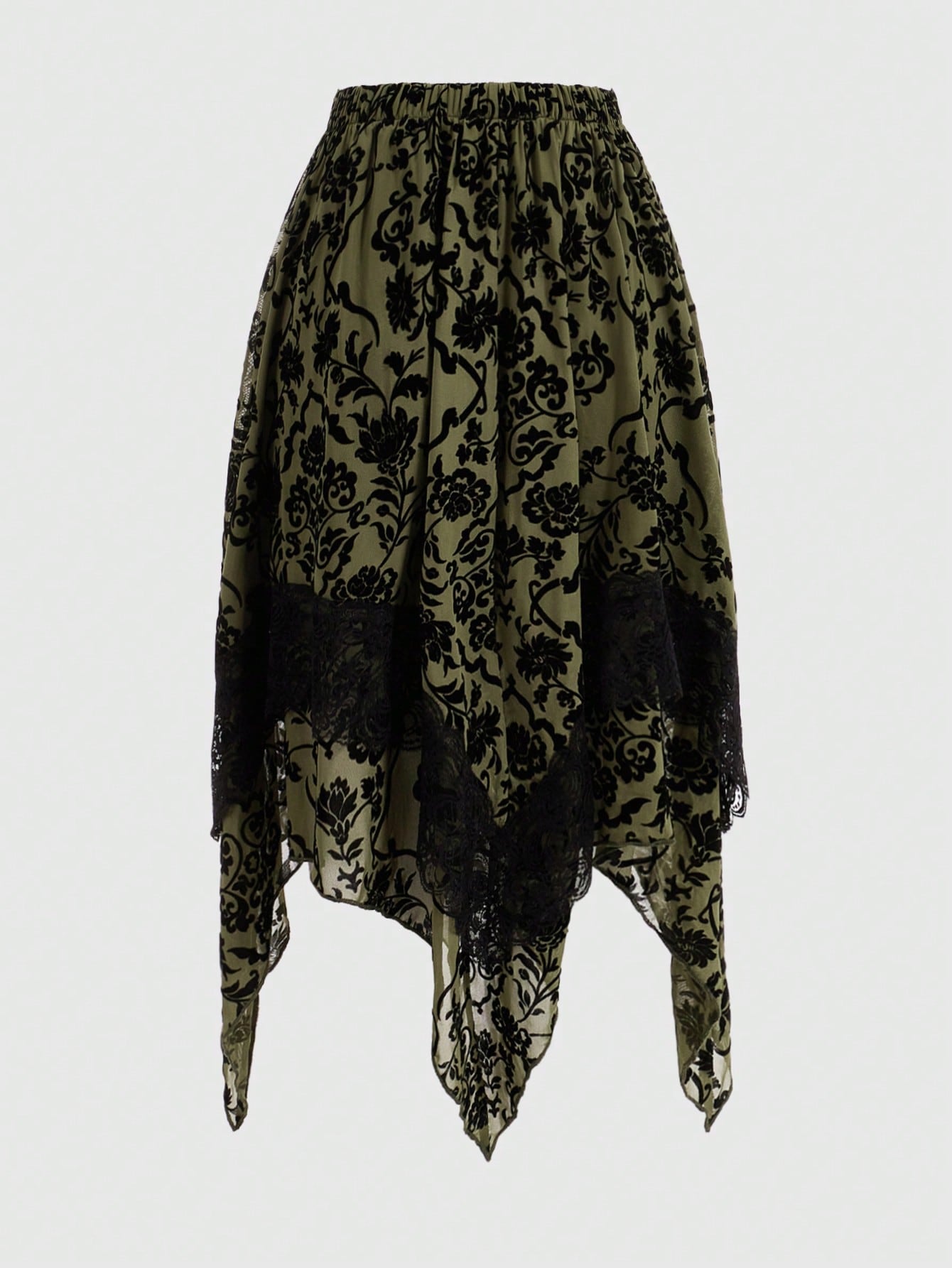 Pixie Fashion Hippie Baroque Print Contrast Lace Hanky Hem Skirt