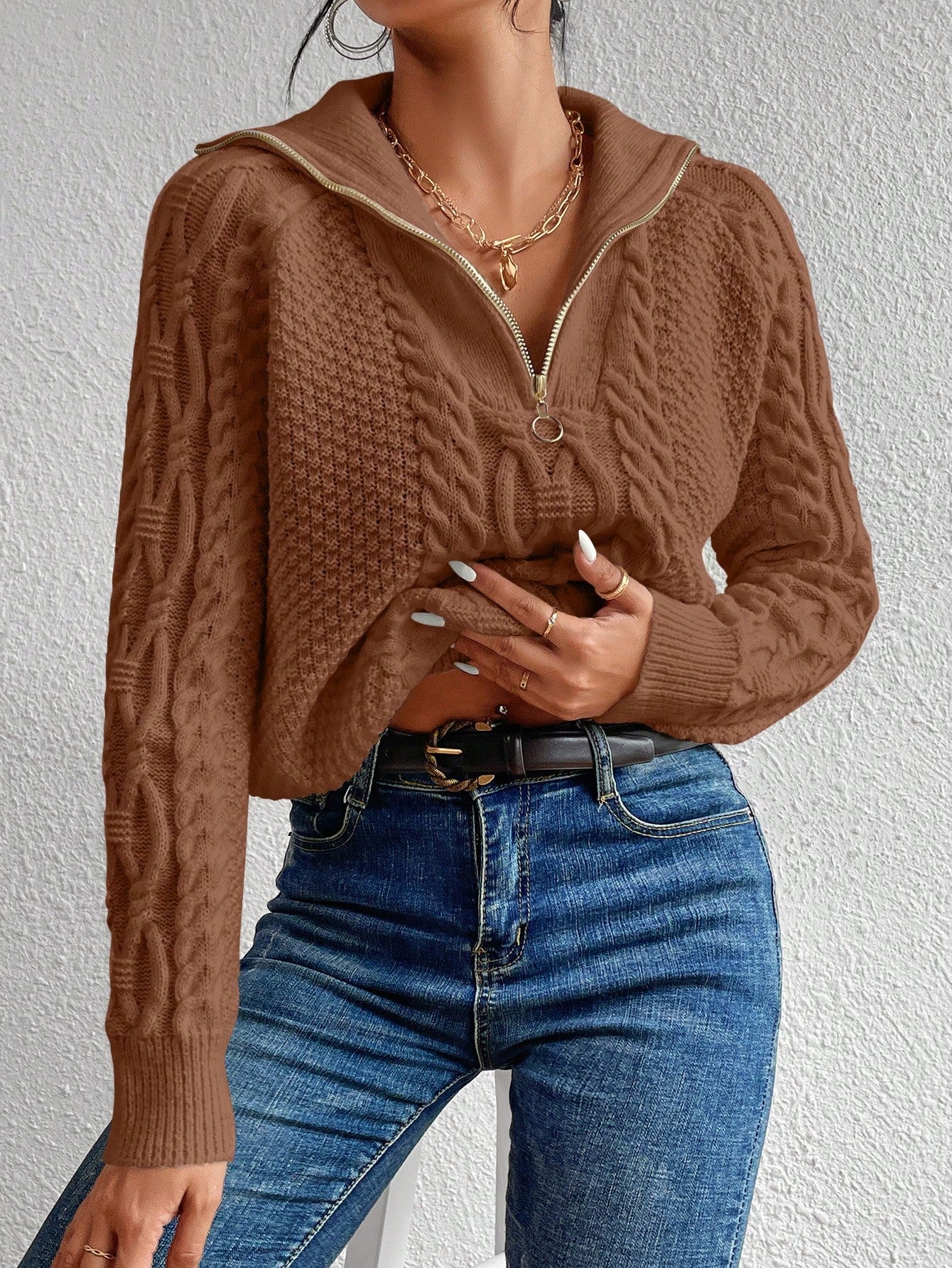 May I? Cable Knit Half Zip Sweater