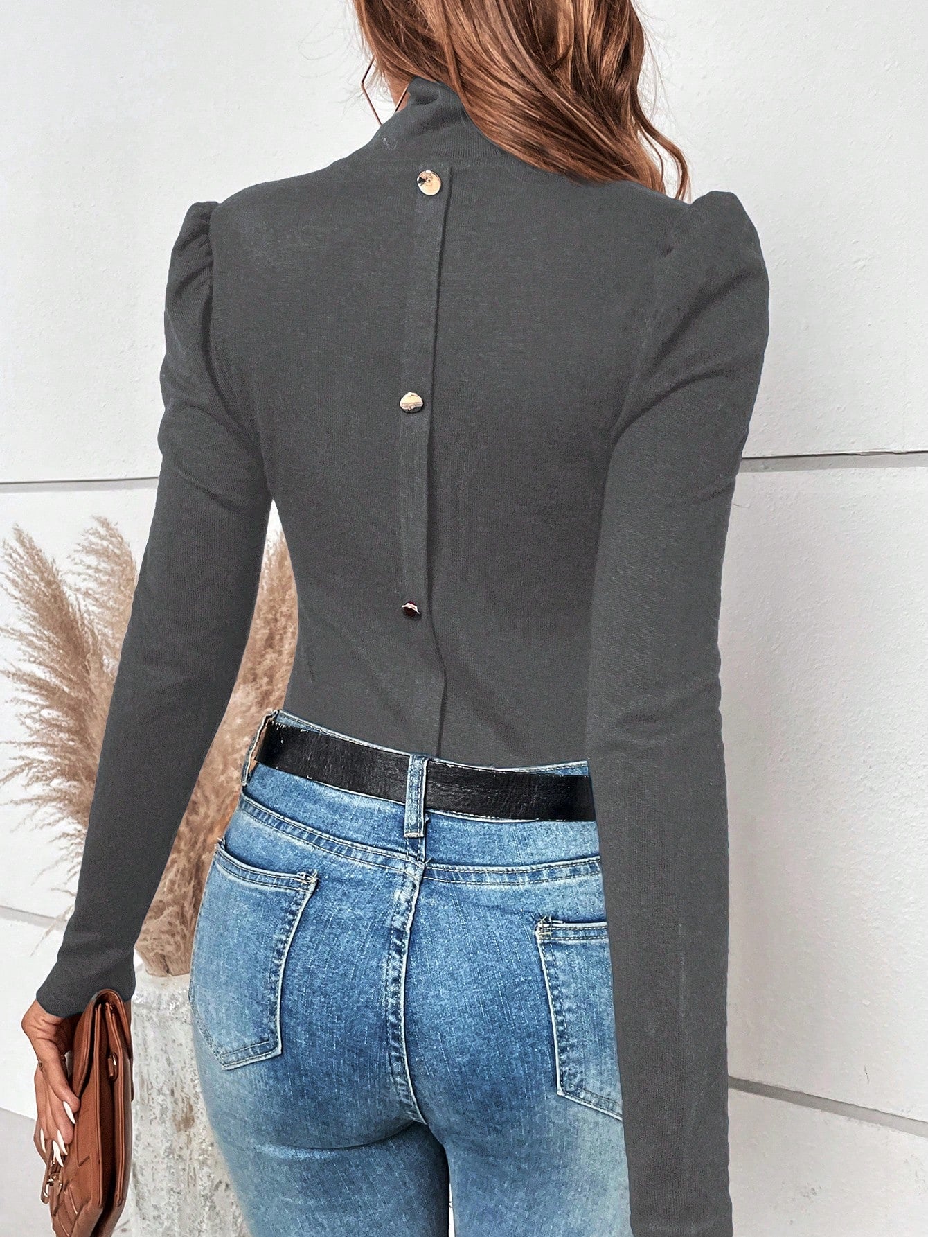 Back To You Mock Neck Puff Sleeve Button Back