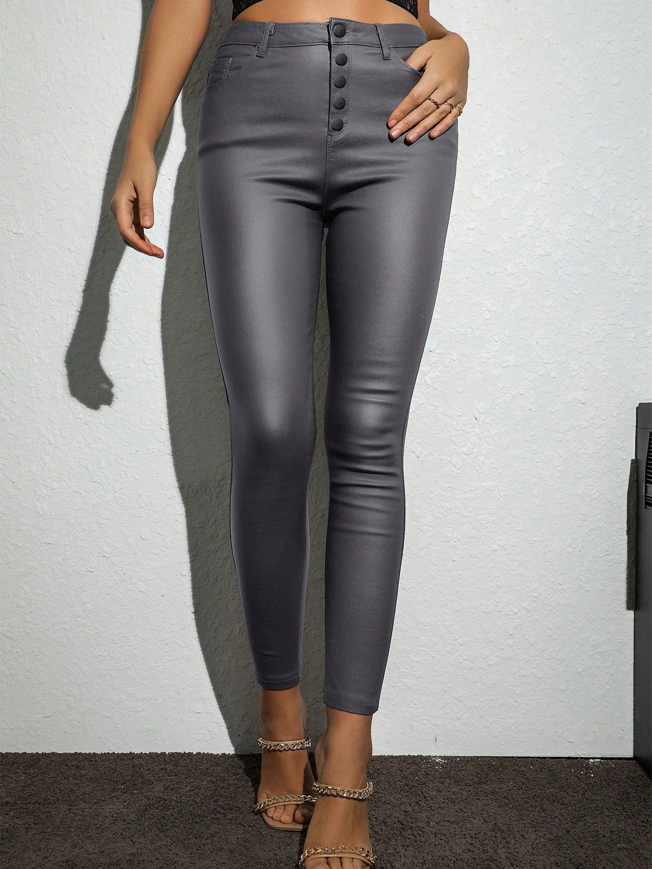 Button Fly Thermal Lined PU Leather Skinny Cropped Pants