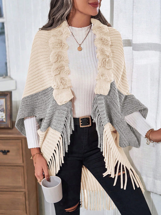 Fit for a Queen Two Tone Fuzzy Fringe Trim Batwing Duster Cardigan