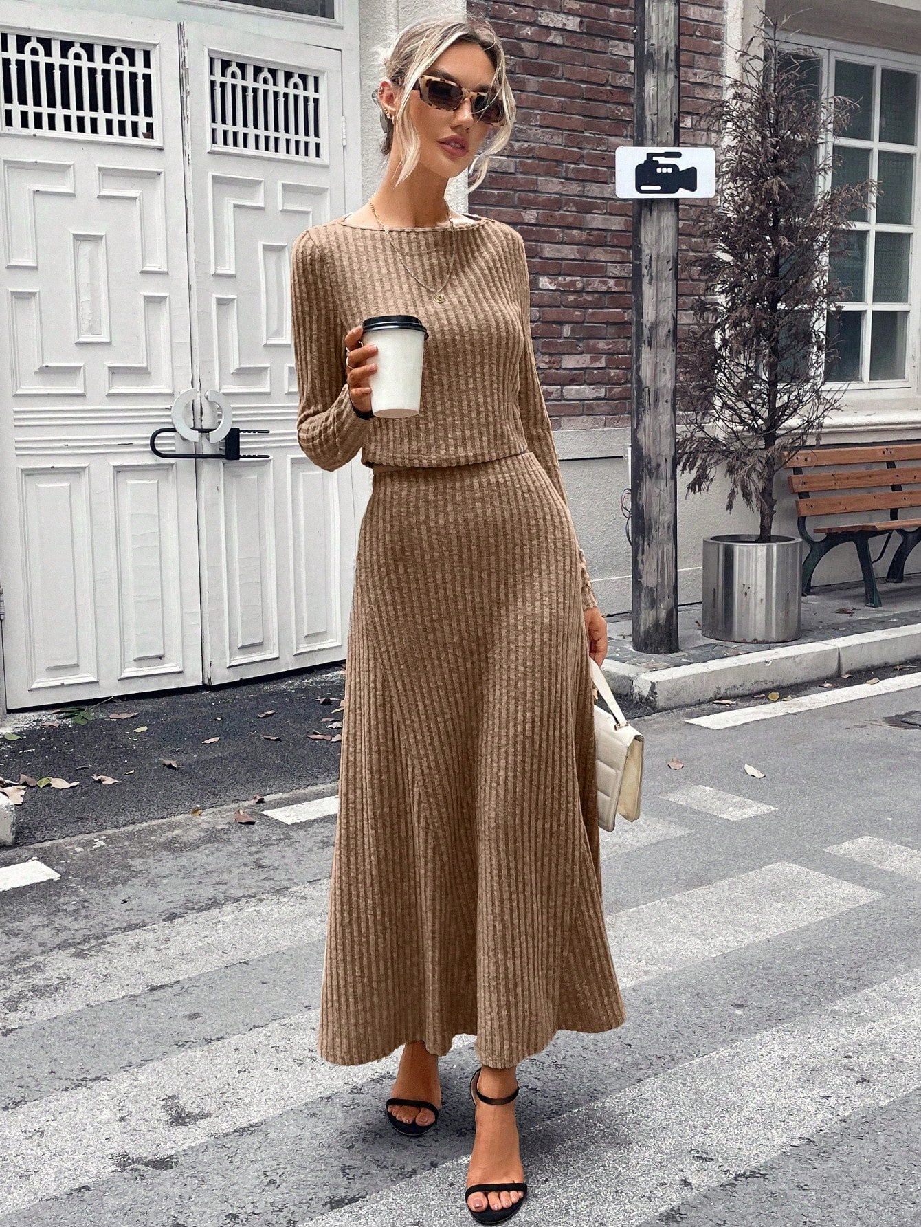 Striking Solid Ribbed Knit Top & Skirt Set