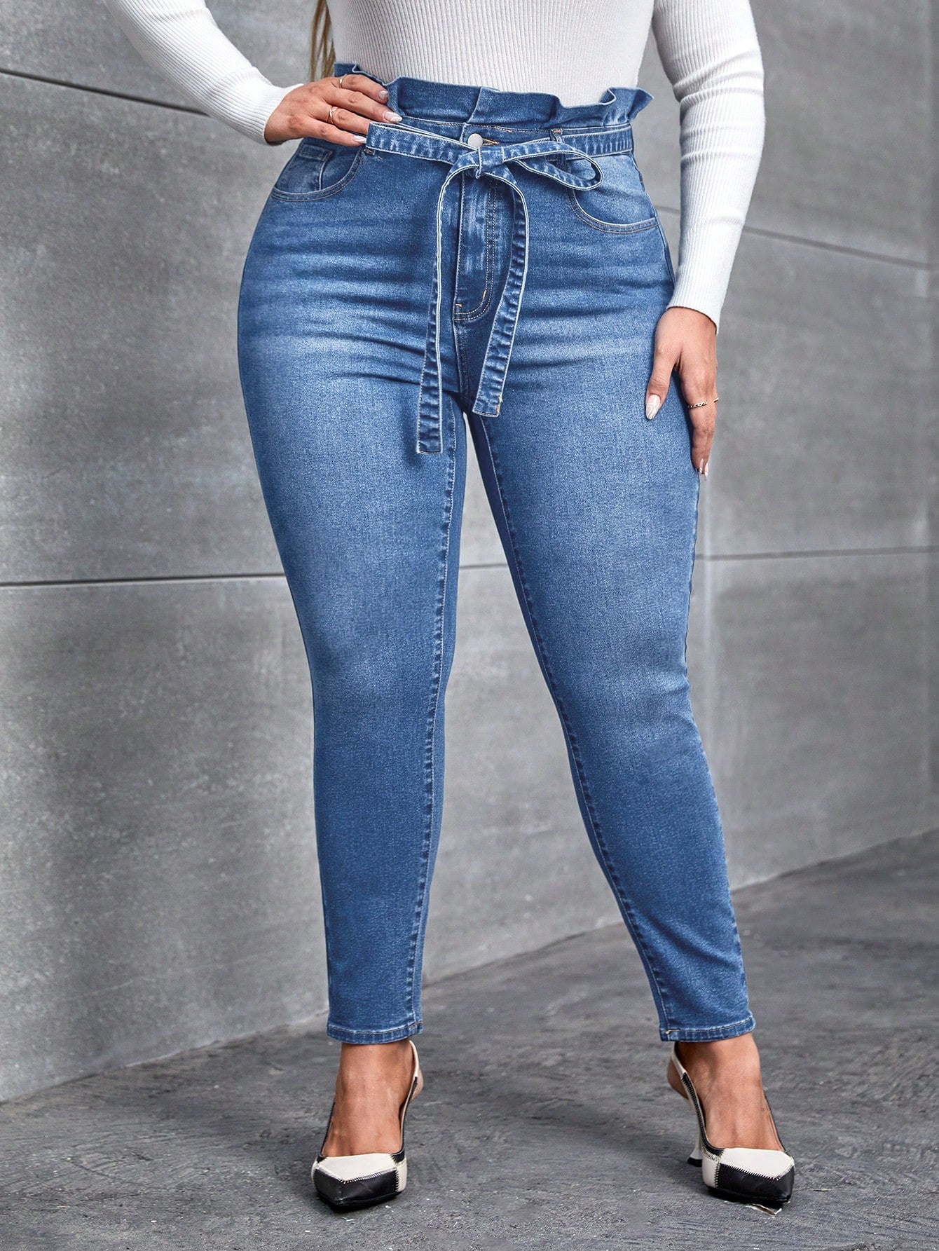 Plus* Paperbag Waist Belted Skinny Jeans