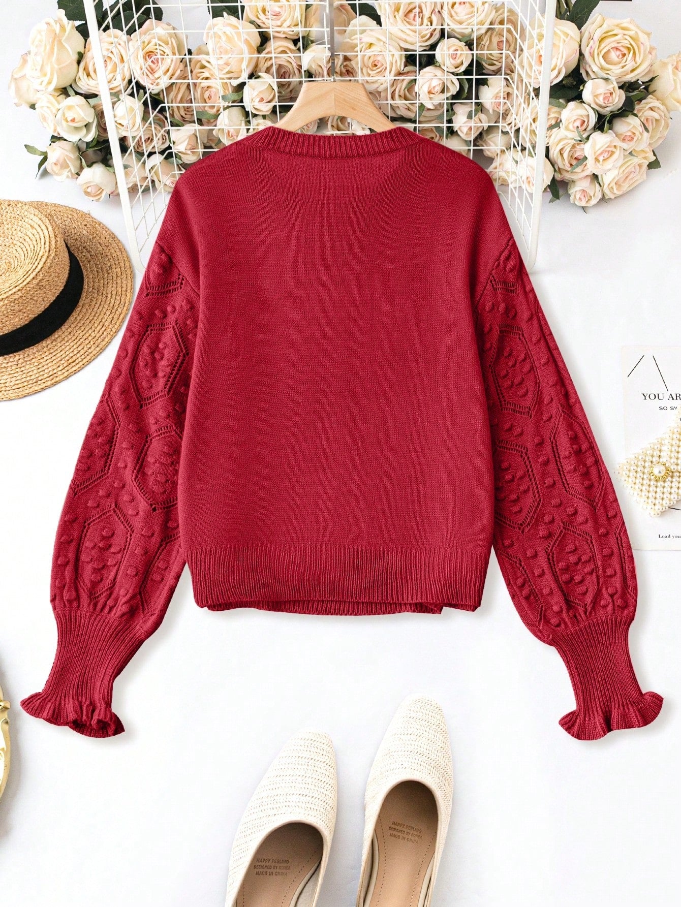 Play Time Plus Contrast Popcorn Knit Flounce Sleeve Sweater