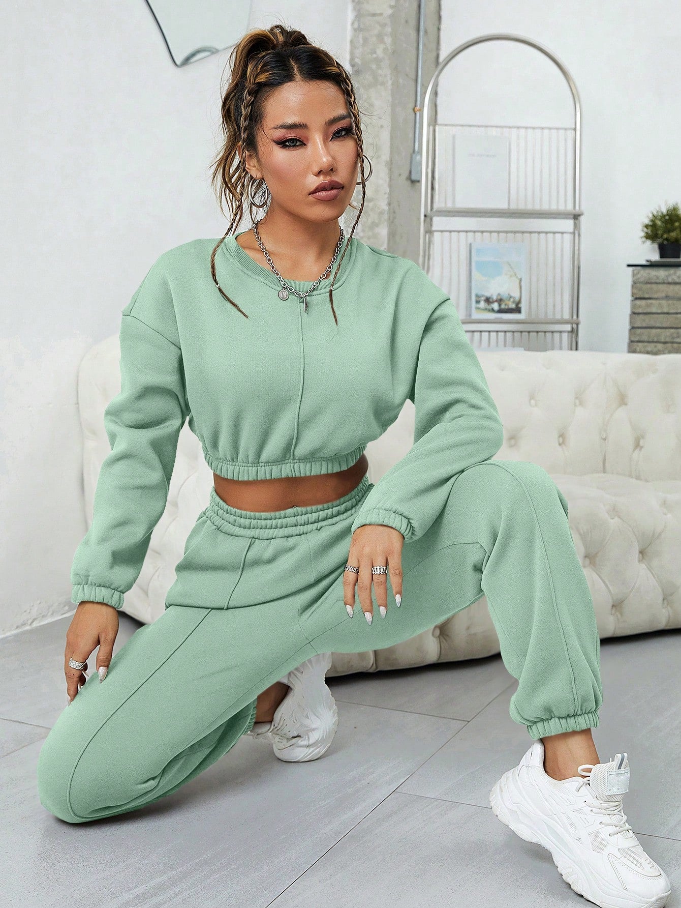 Day on the Go Solid Thermal Lined Crop Sweatshirt & Sweatpants