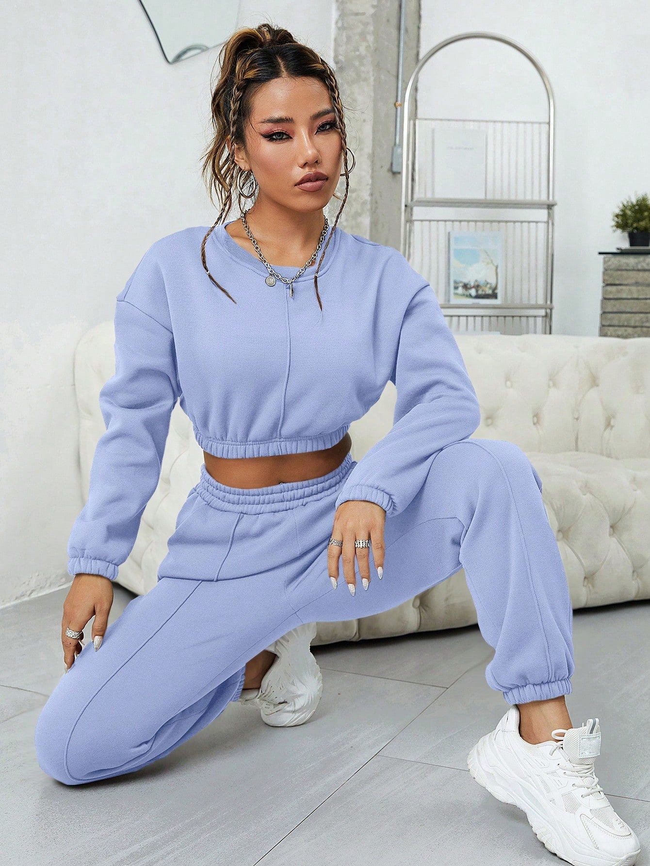 Day on the Go Solid Thermal Lined Crop Sweatshirt & Sweatpants