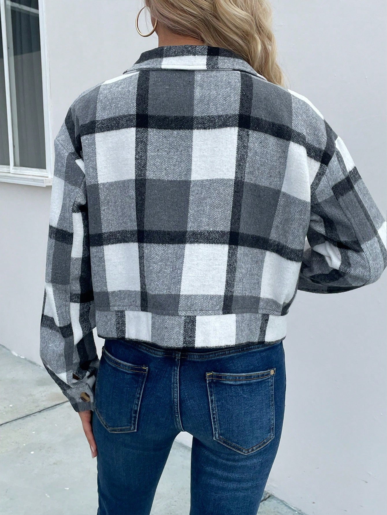 Plaid Print Flap Pocket Crop Jacket