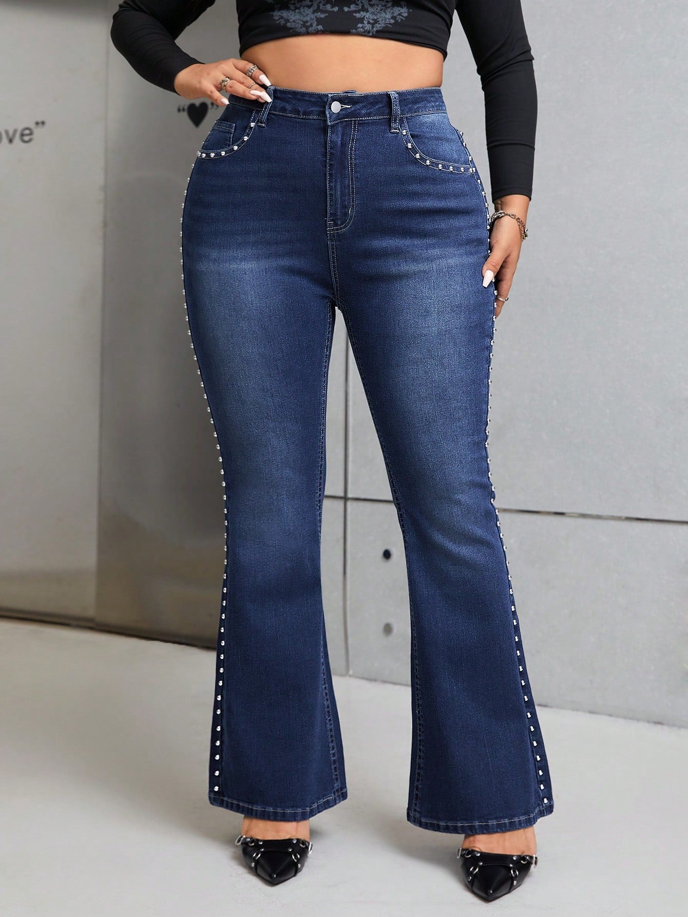 Plus* B!tch’n Rhinestone Beaded Flare Leg Jeans