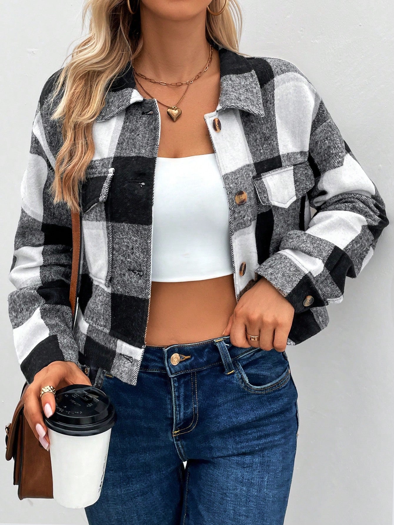 Plaid Print Flap Pocket Crop Jacket