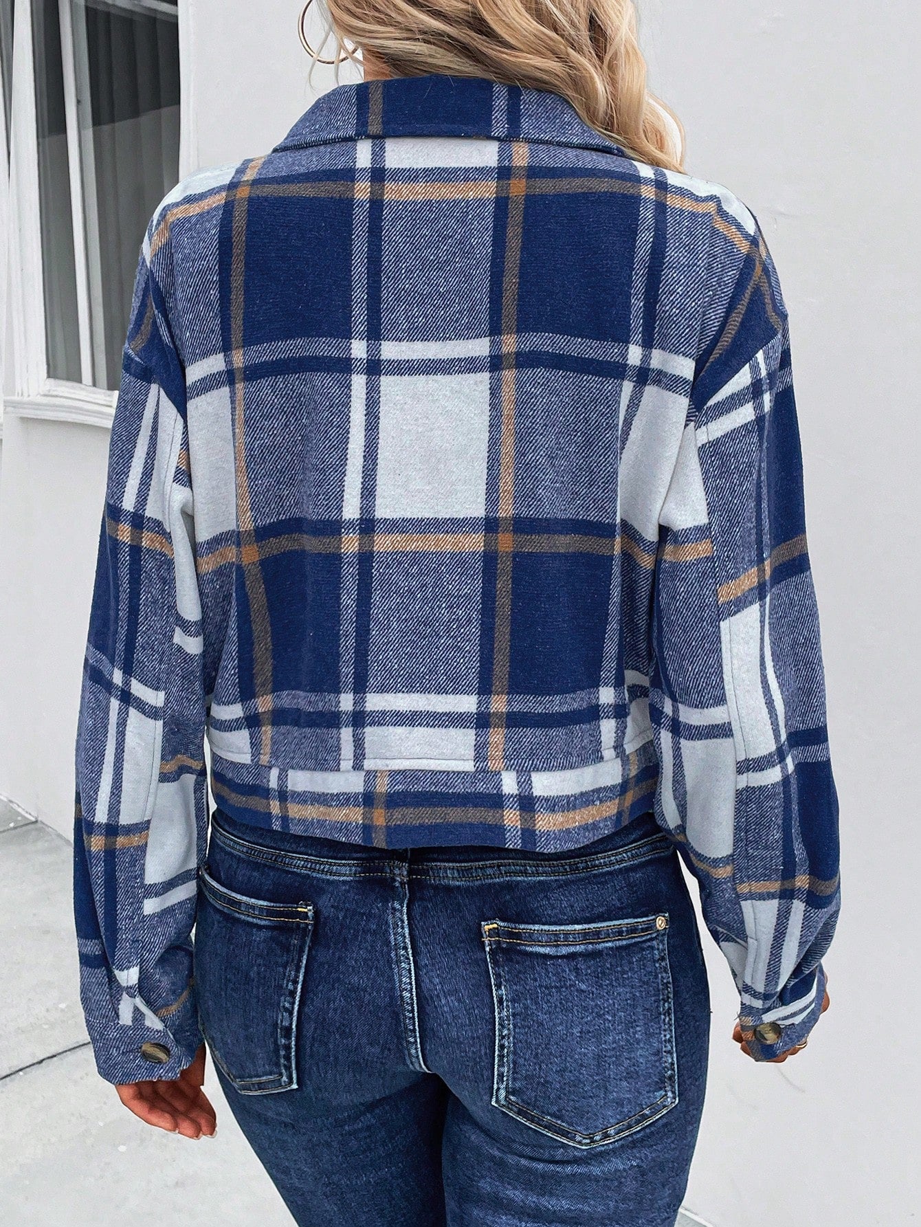 Plaid Print Flap Pocket Crop Jacket