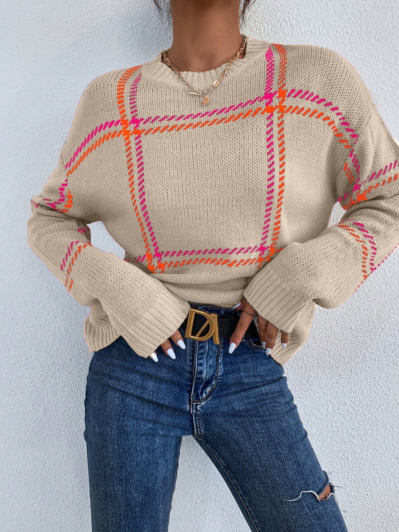 Joyous Plaid Pattern Drop Shoulder Sweater