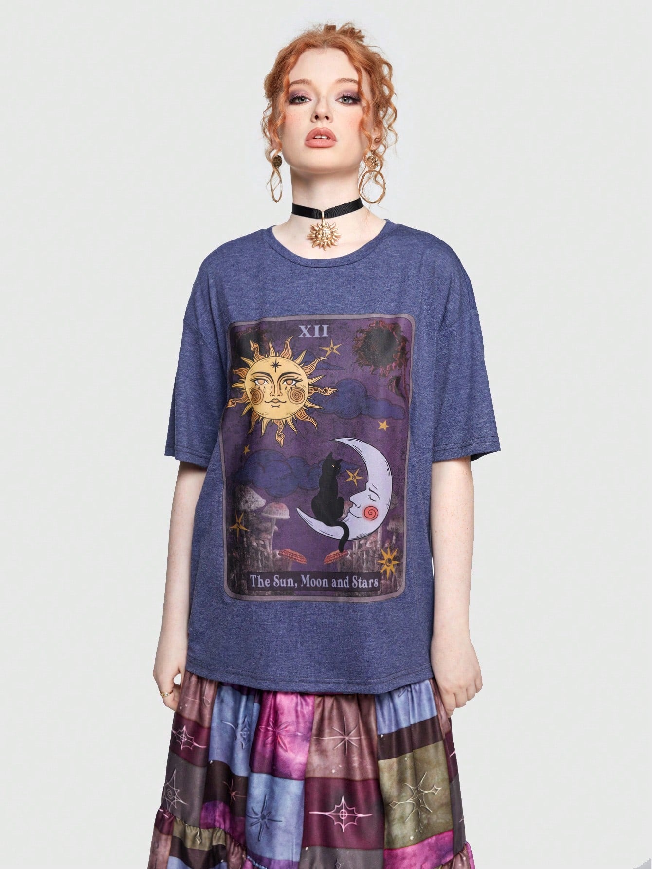 Cat & Hippie Sun & Moon Print Drop Shoulder Tee