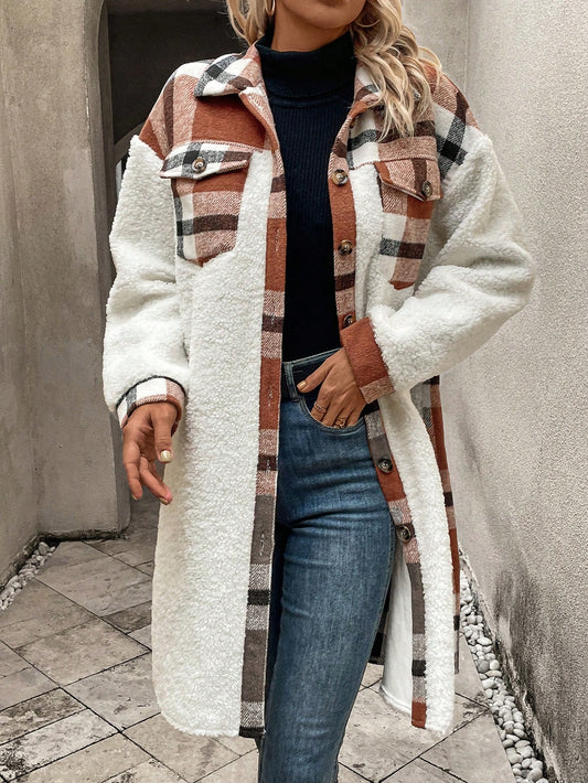 Plaid Flap Pocket Teddy Coat