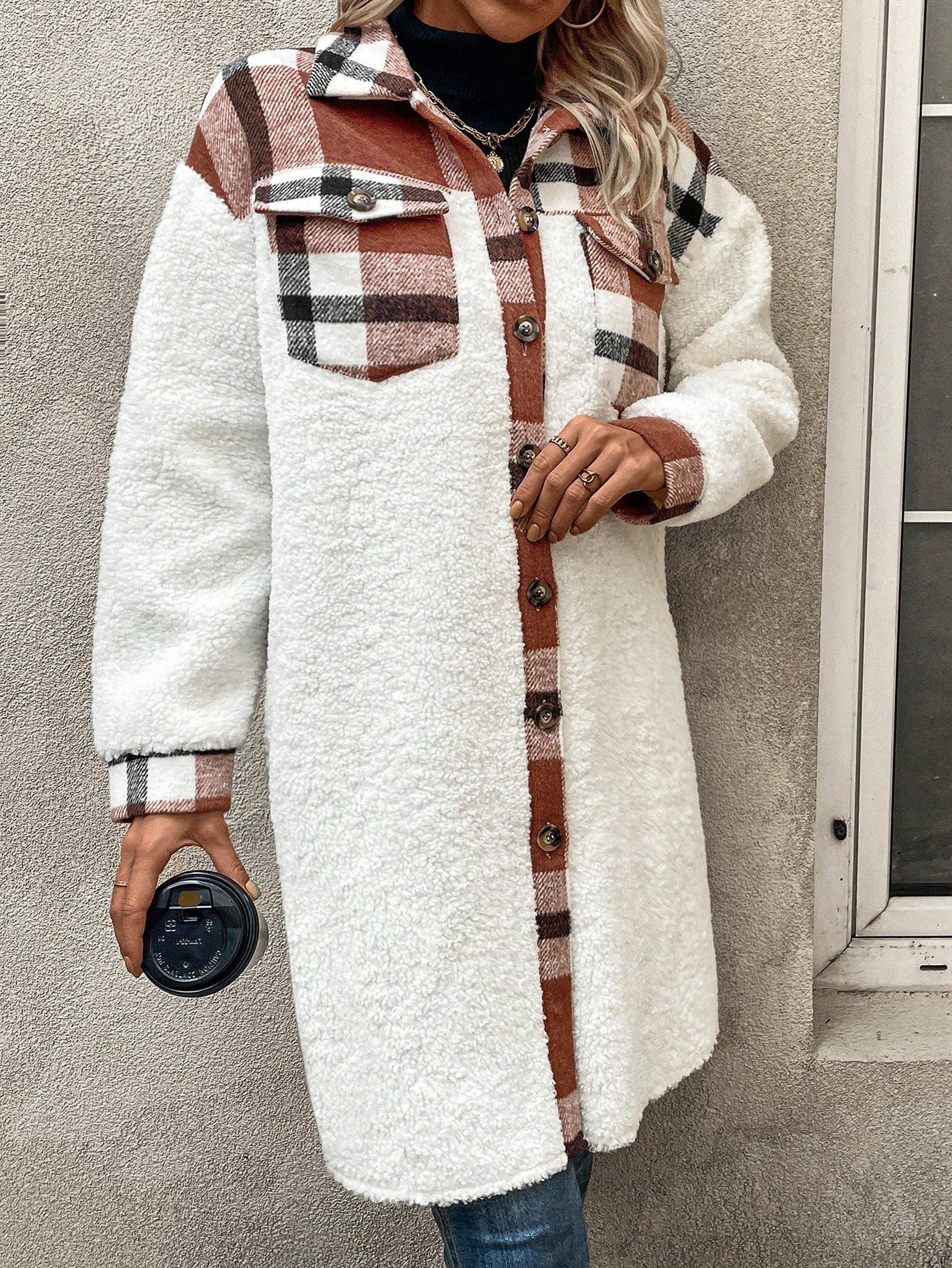 Plaid Flap Pocket Teddy Coat