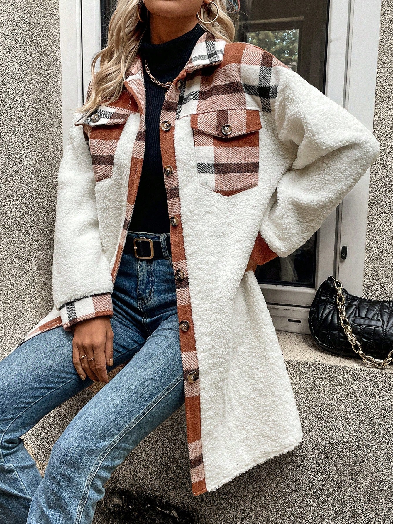 Plaid Flap Pocket Teddy Coat