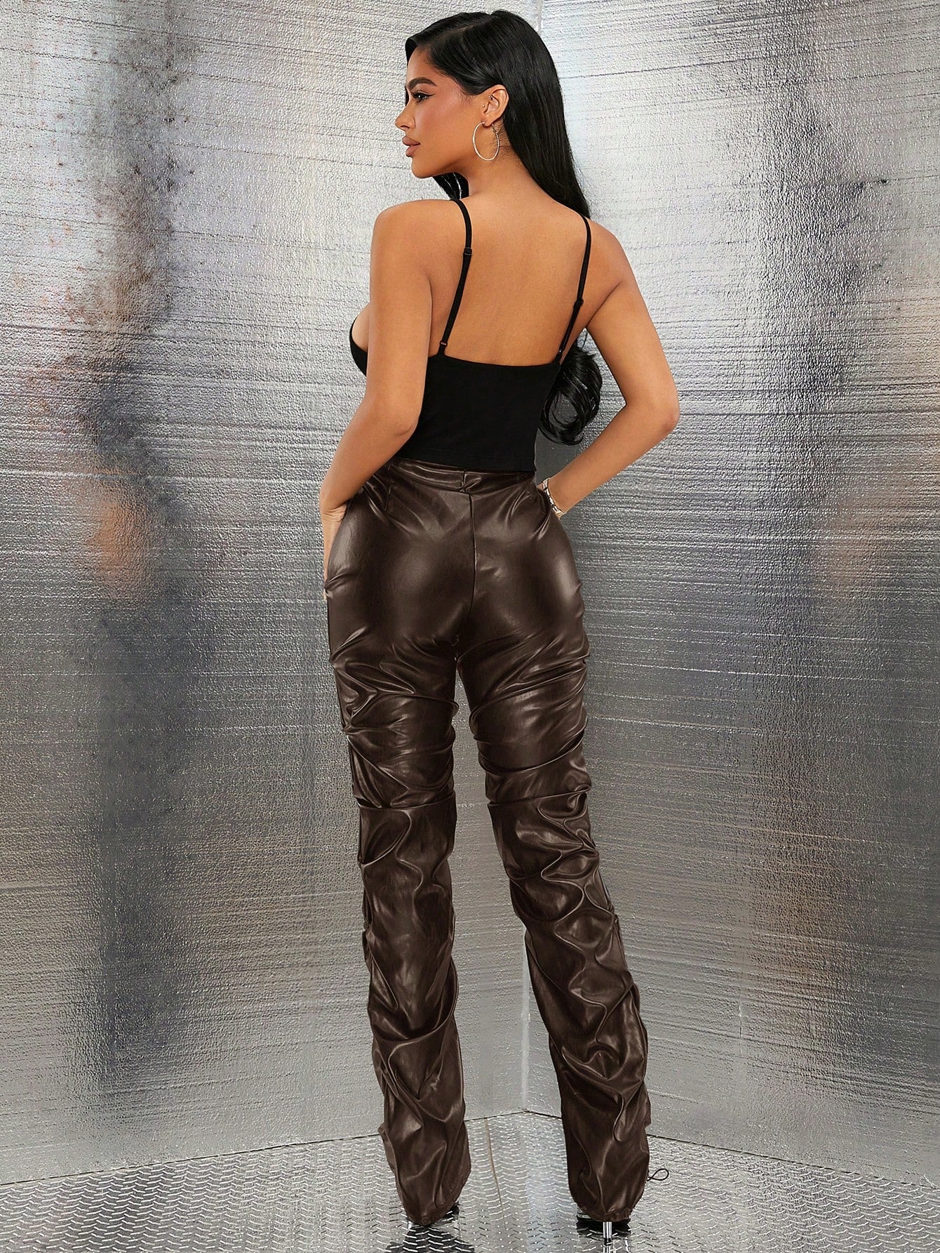 Edgy Zip Up Ruched Patent Pants