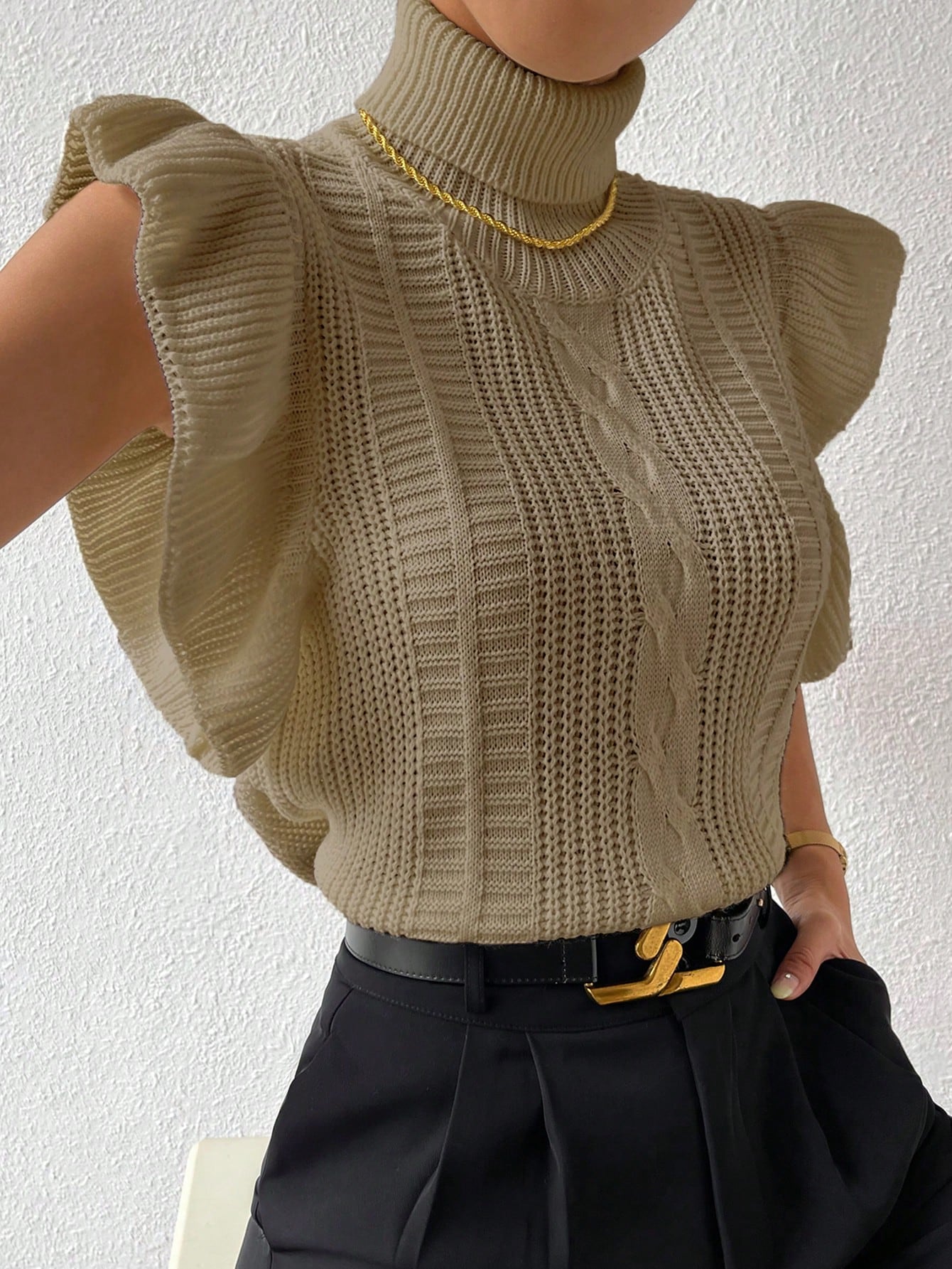French Girl Turtle Neck Ruffle Trim Cable Knit Sweater Vest
