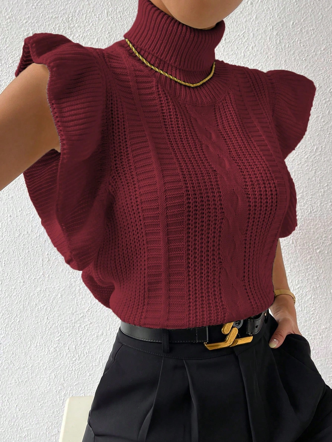 French Girl Turtle Neck Ruffle Trim Cable Knit Sweater Vest