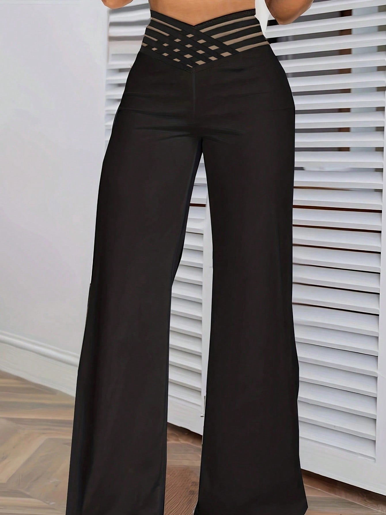 High Waist Mesh Insert Wide Leg Pants