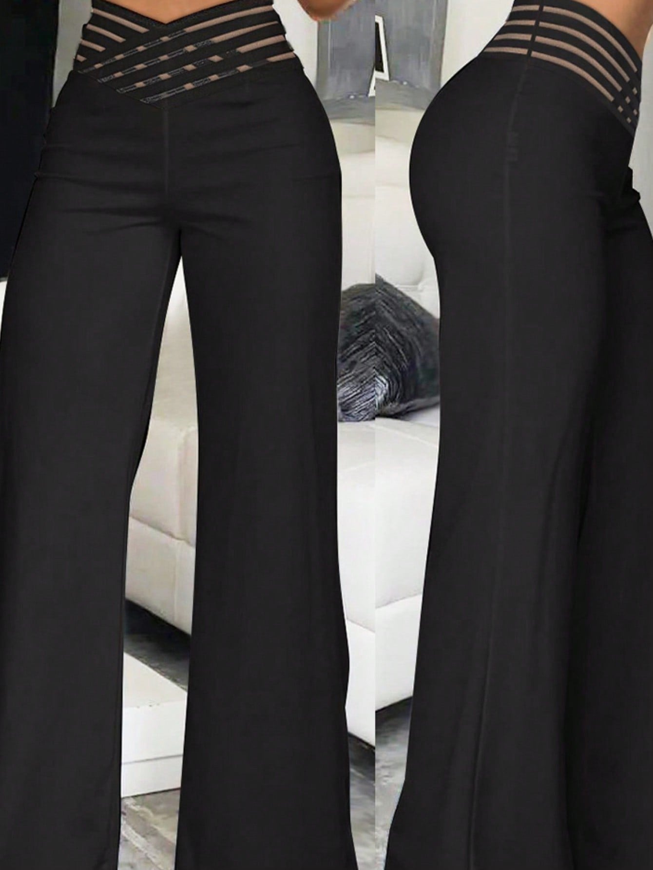 High Waist Mesh Insert Wide Leg Pants