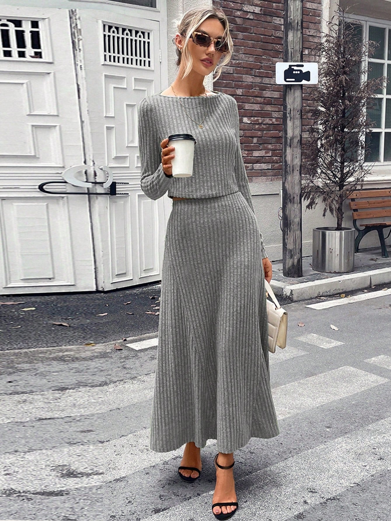 Striking Solid Ribbed Knit Top & Skirt Set