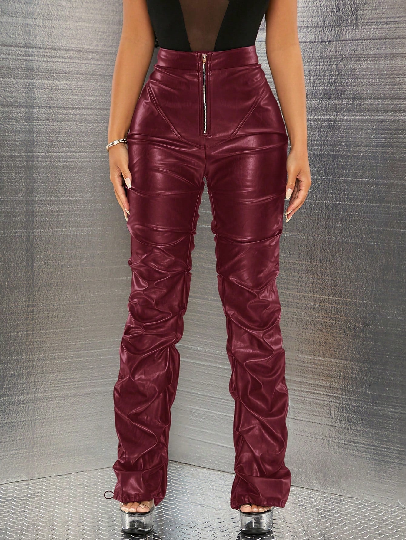 Edgy Zip Up Ruched Patent Pants