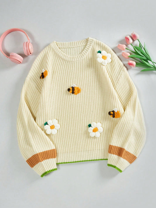 Qutie Plus Bee & Floral Pattern Striped rim Sweater