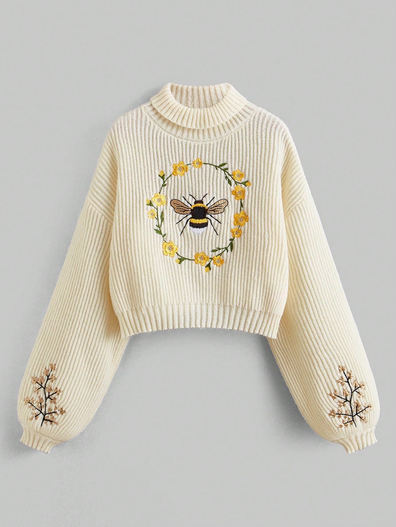 Bee Mine Fairycore *Plus Size High Neck Sweater With Bee & Flower Embroidery