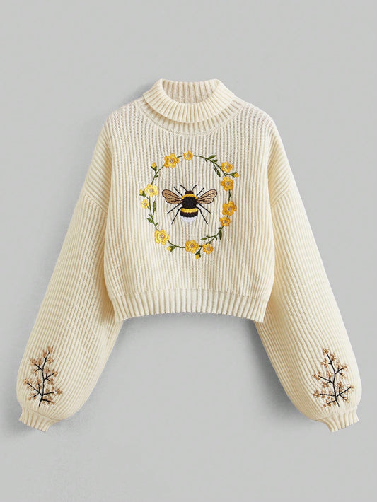 Bee Mine Fairycore *Plus Size High Neck Sweater With Bee & Flower Embroidery