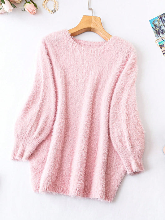 Soft To The Touch Plus Solid Bishop Sleeve Fuzzy Sweater