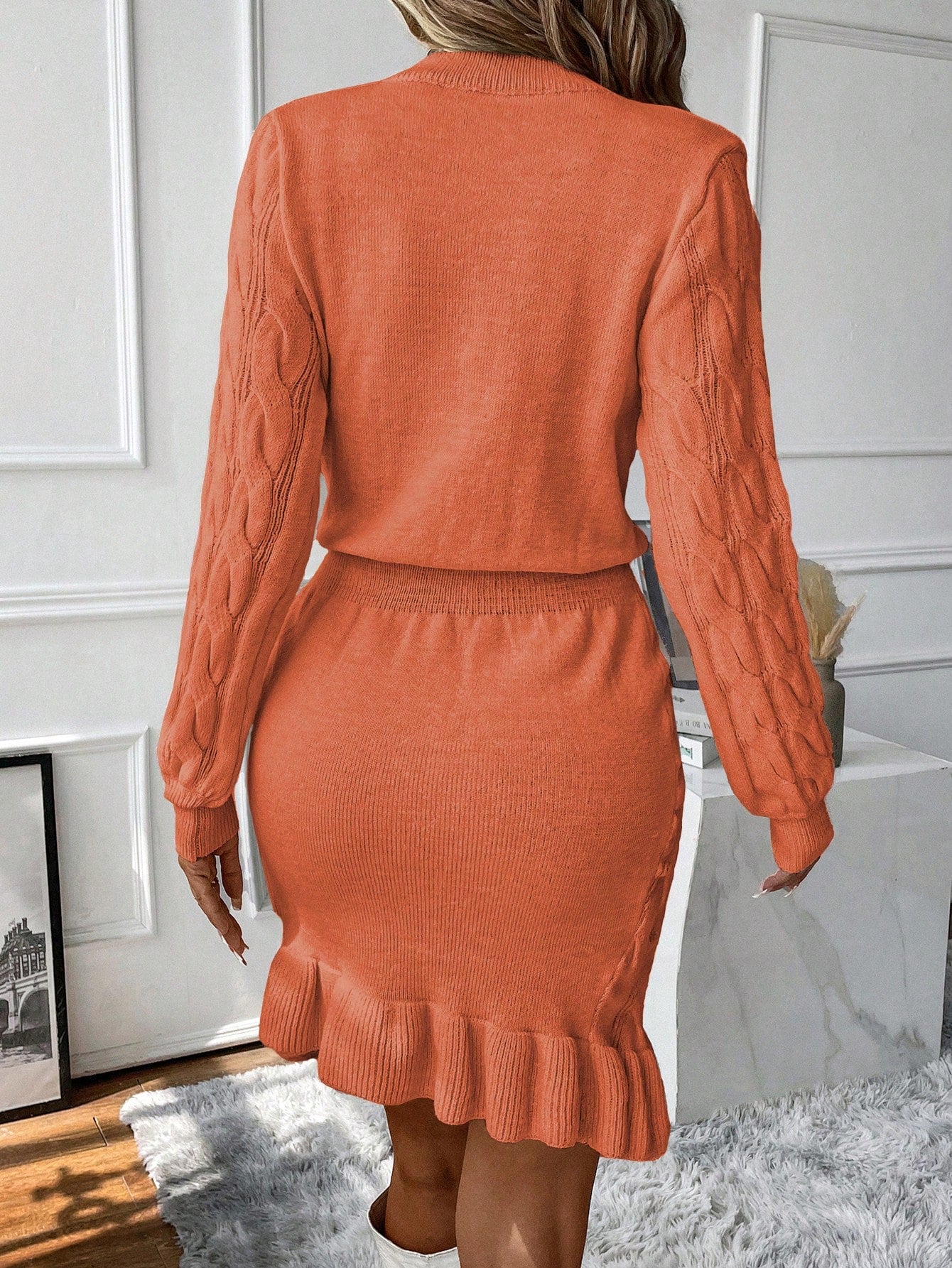 Vacation Mode Cable Knit Lantern Sleeve Ruffle Hem Sweater Dress