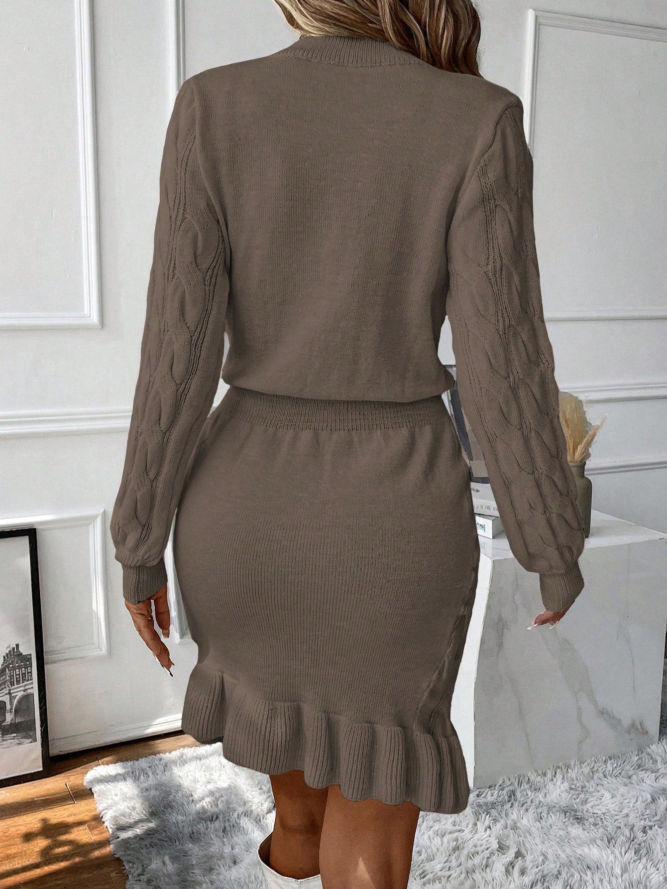 Vacation Mode Cable Knit Lantern Sleeve Ruffle Hem Sweater Dress