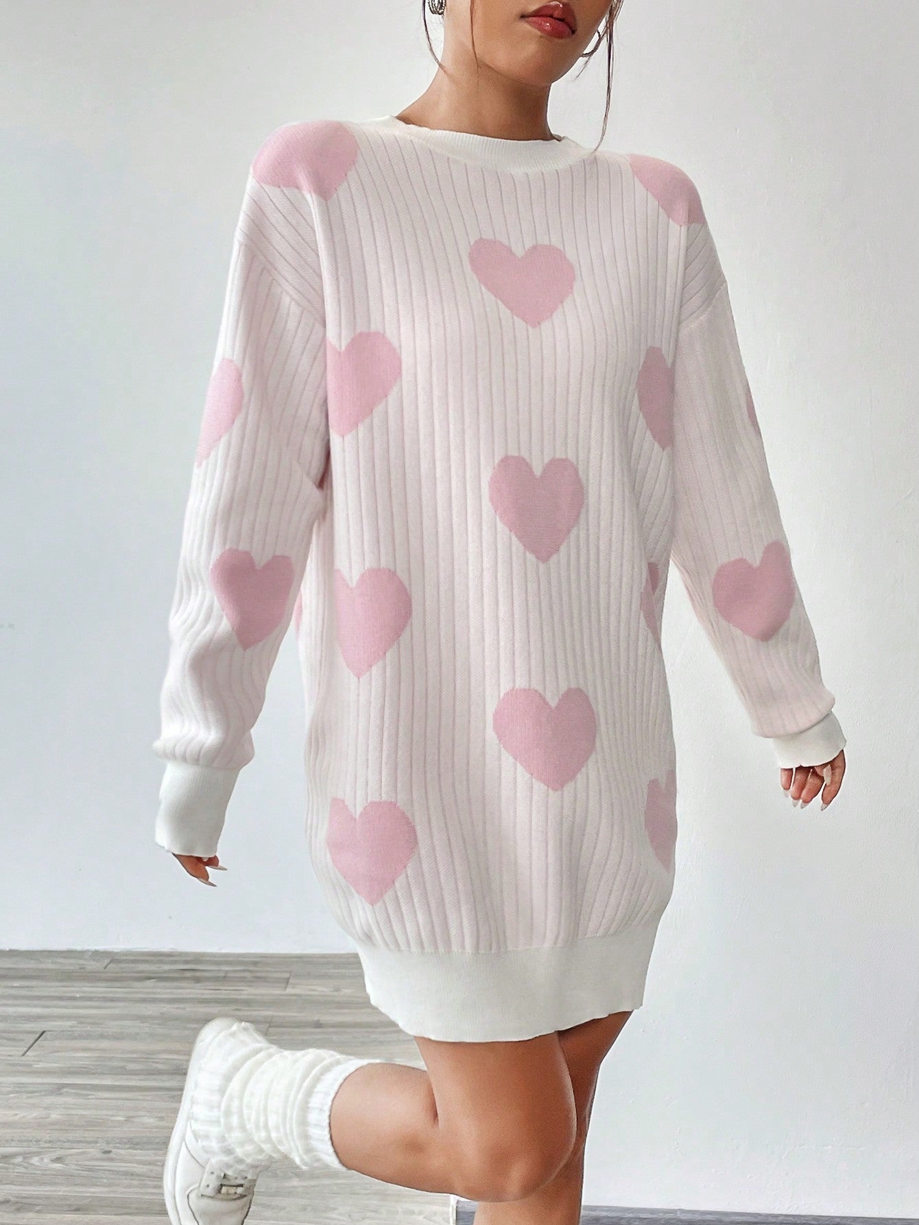 My Secret Heart Pattern Drop Shoulder Sweater Dress