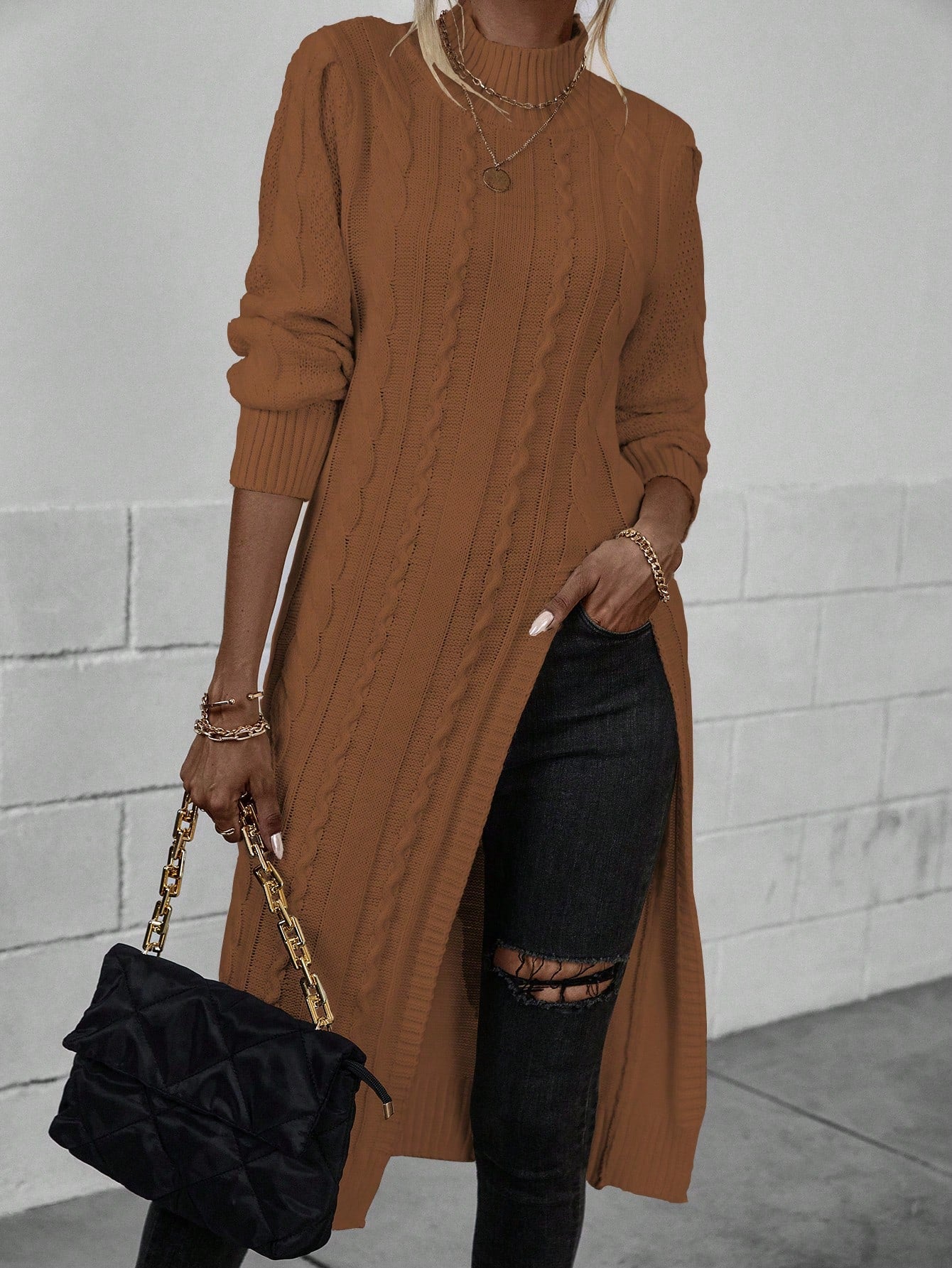 Picture Perfect Mock Neck Split Thigh Cable Knit Longline Sweater