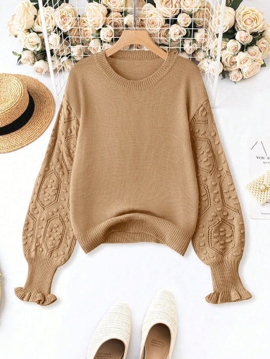 Play Time Plus Contrast Popcorn Knit Flounce Sleeve Sweater