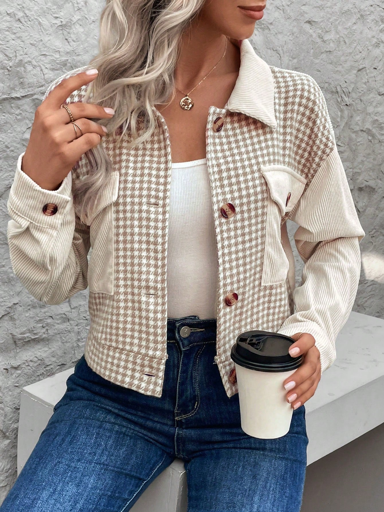 Plaid Print Flap Pocket Crop Jacket