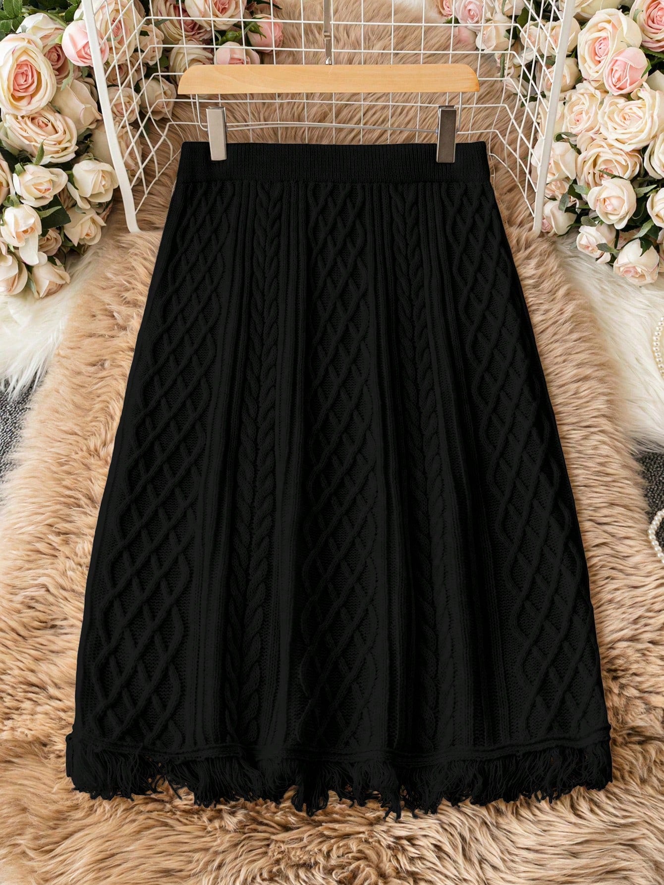 Macrame Plus Fringe Hem Cable Knit Skirt