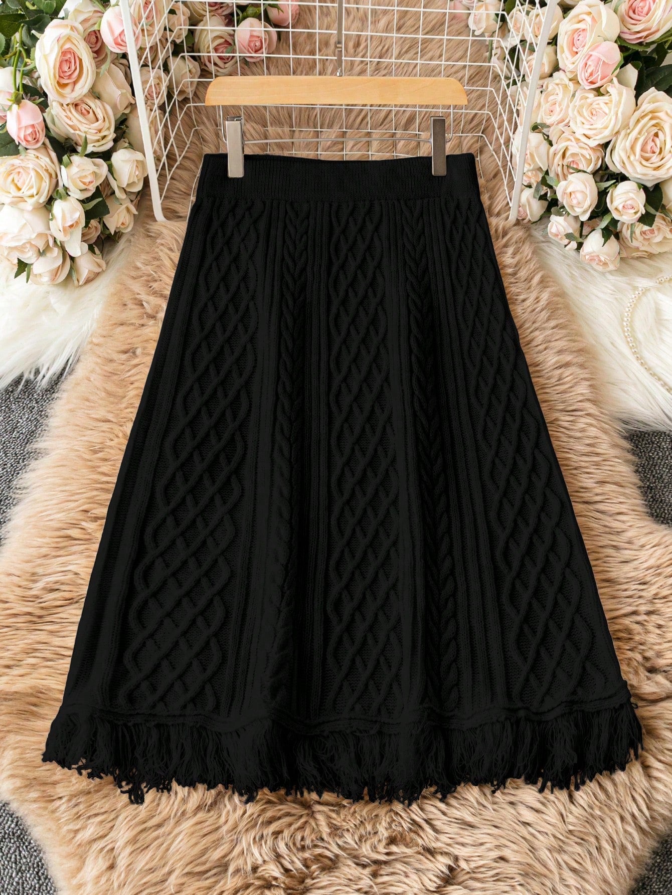 Macrame Plus Fringe Hem Cable Knit Skirt