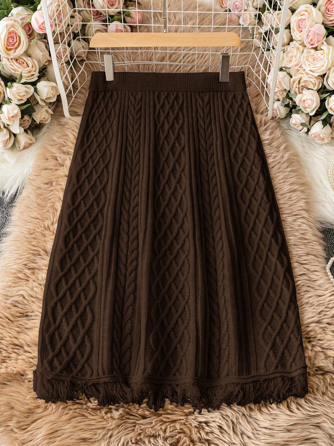 Macrame Plus Fringe Hem Cable Knit Skirt