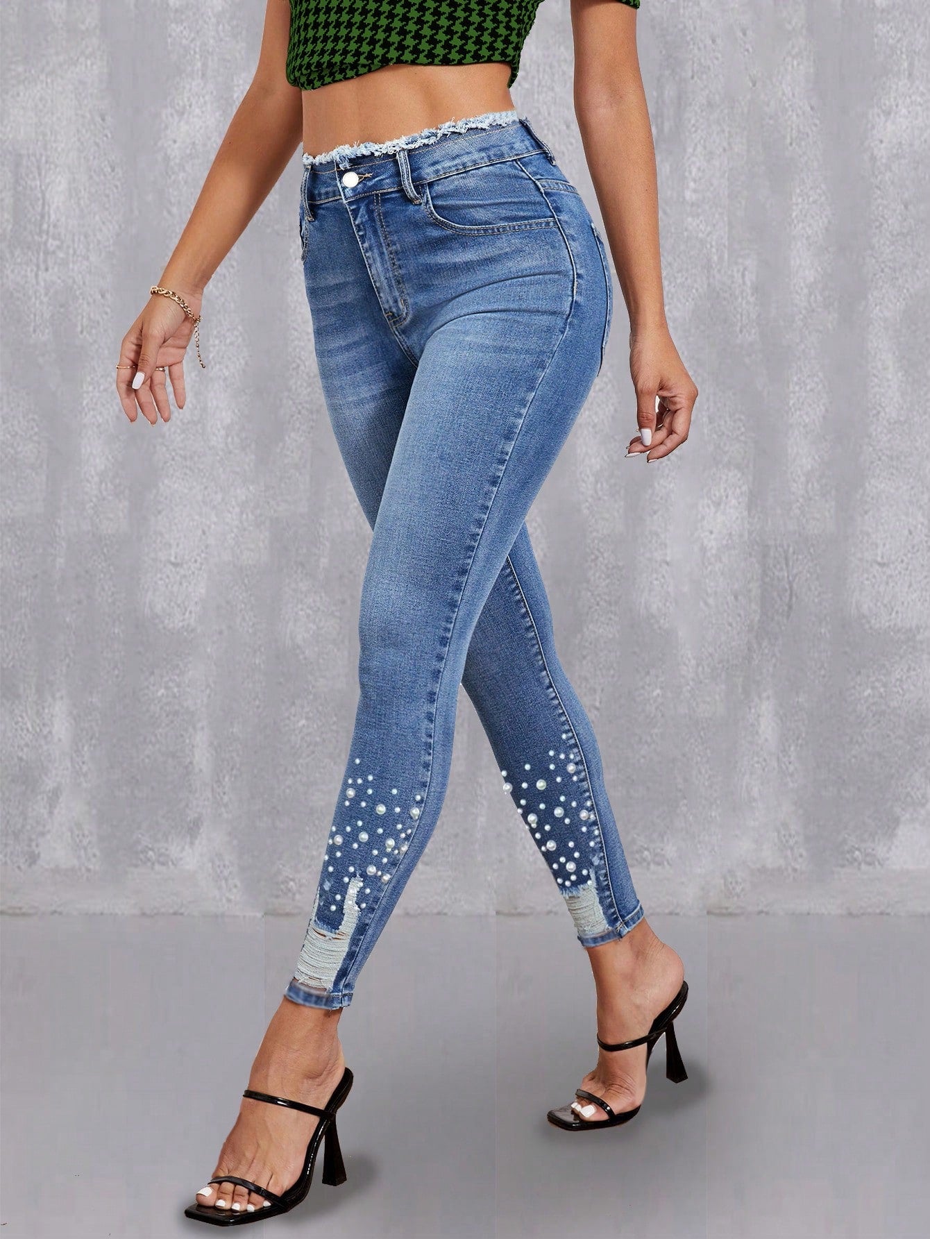 Pearls Beaded Raw Hem Skinny Jeans