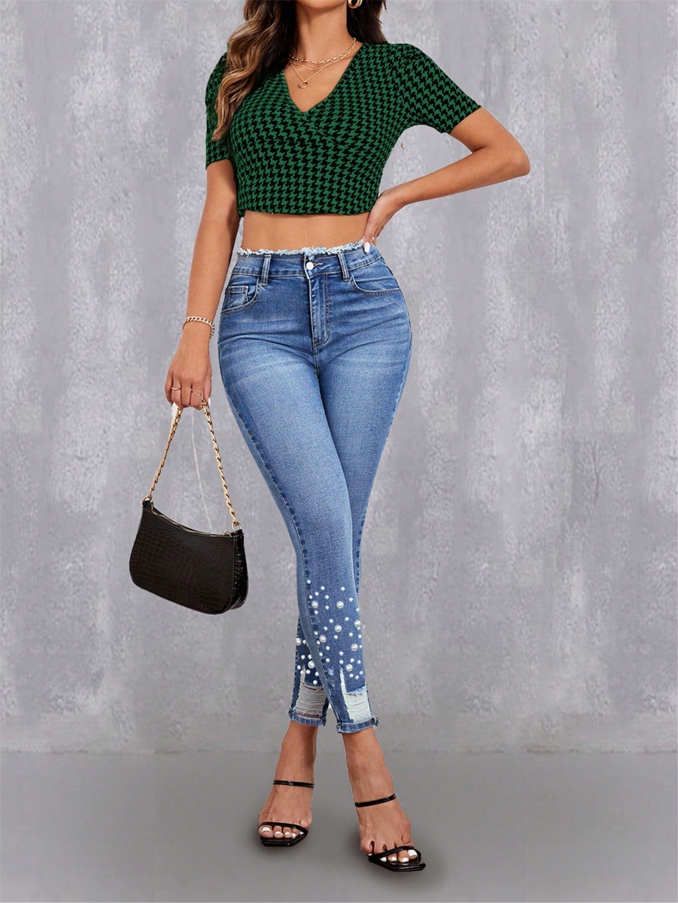 Pearls Beaded Raw Hem Skinny Jeans