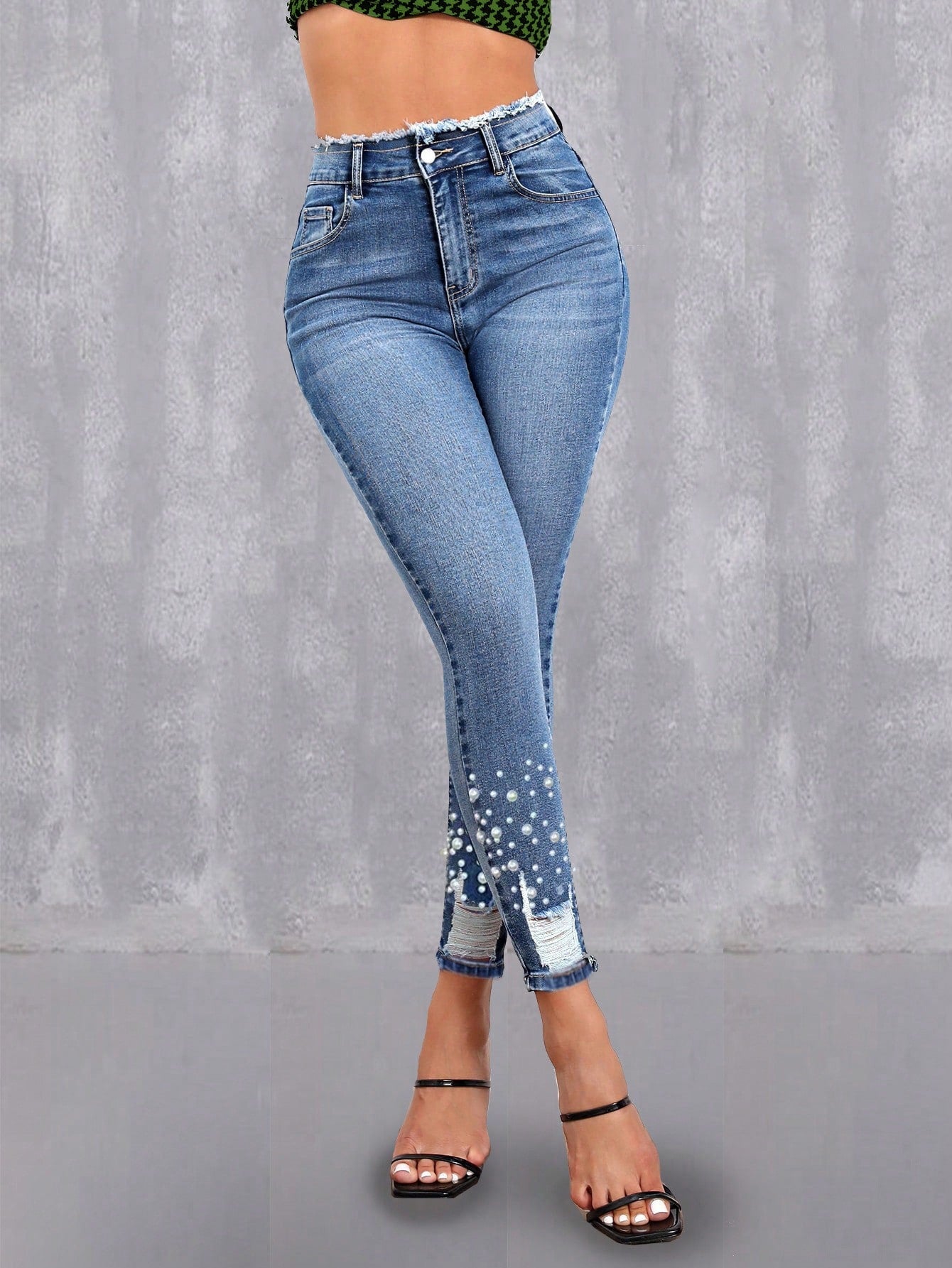 Pearls Beaded Raw Hem Skinny Jeans