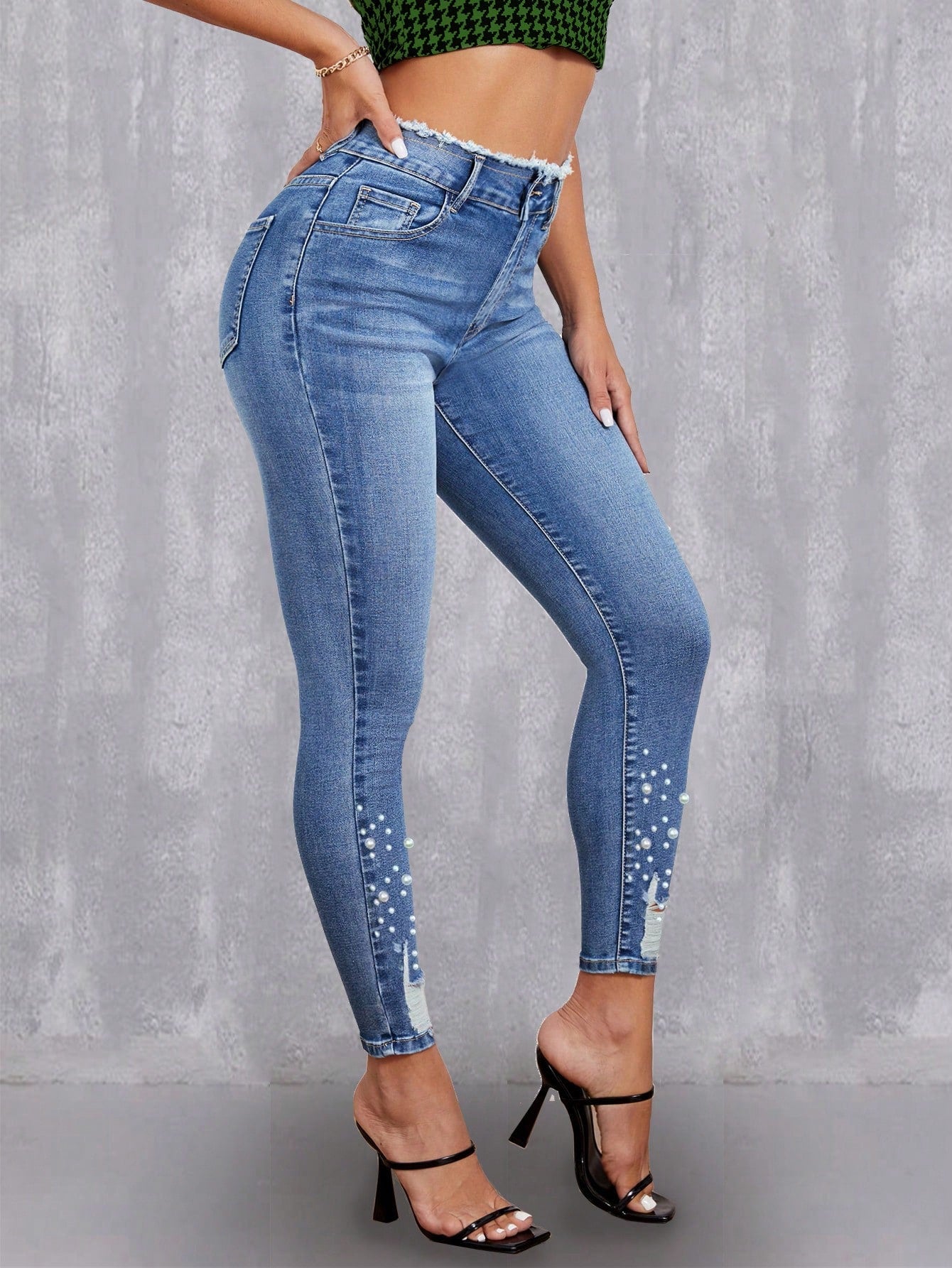 Pearls Beaded Raw Hem Skinny Jeans